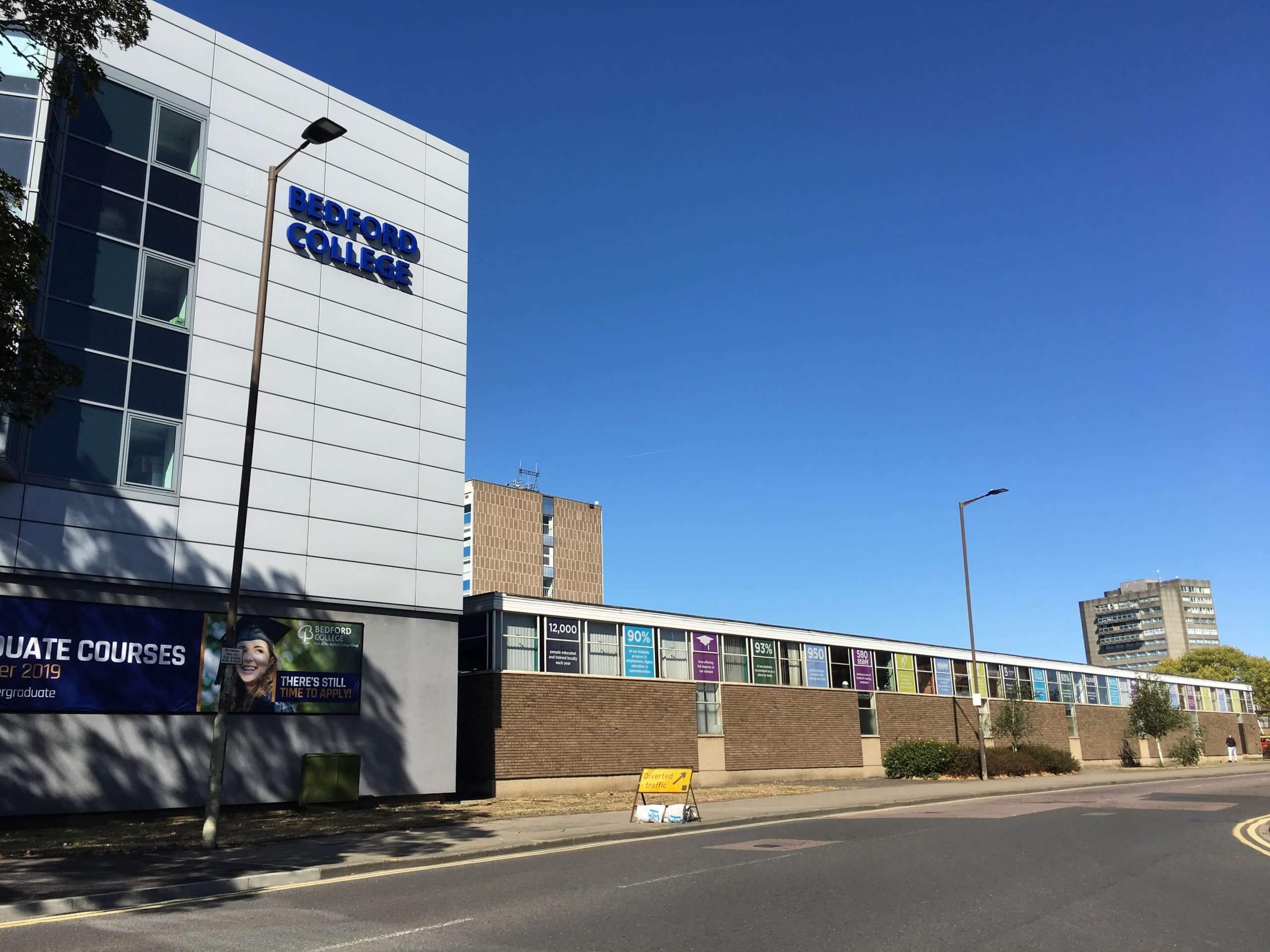 Photo taken outside showing some of the buildings on the Bedford College campus.