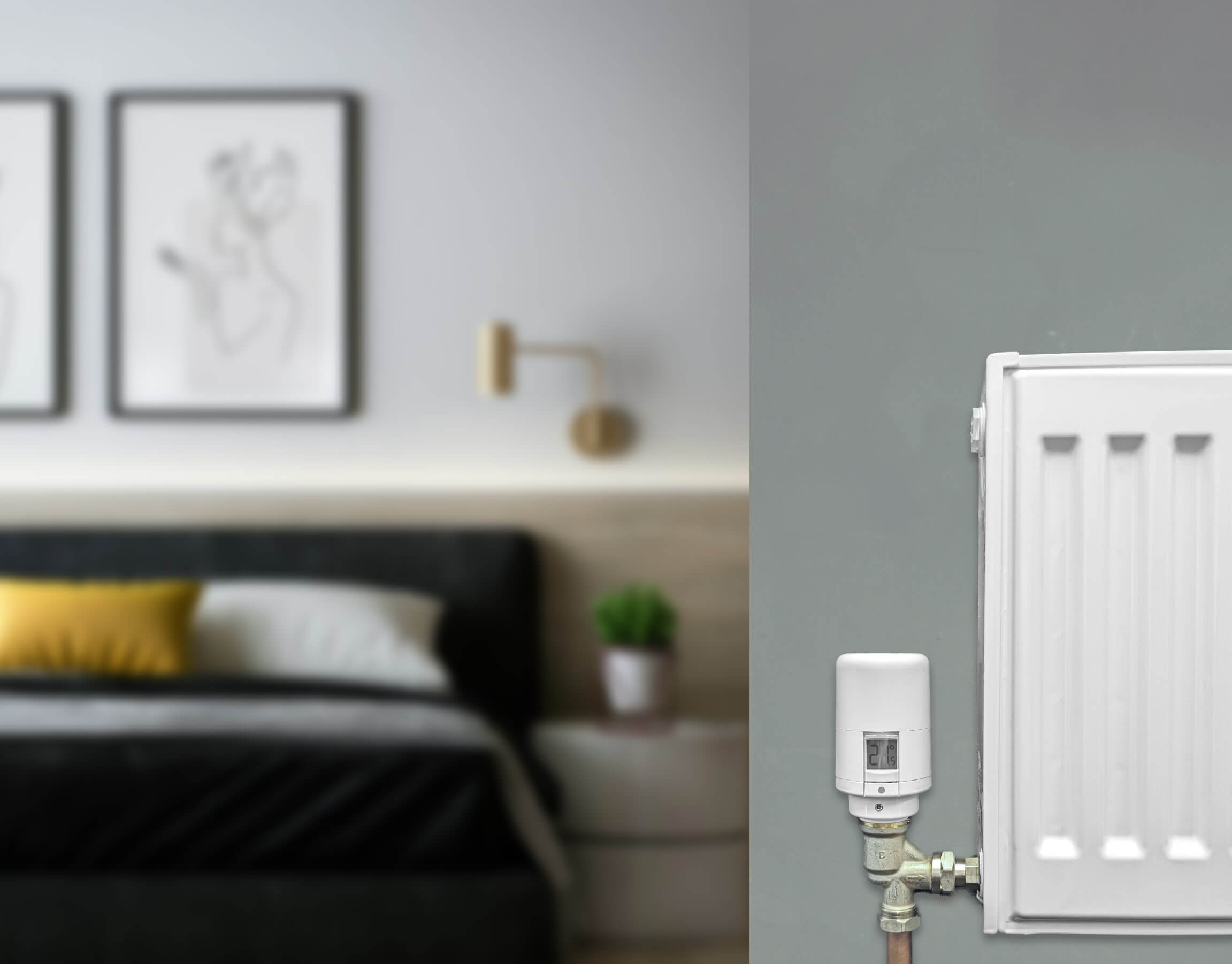 Photo of a Wireless Radiator Valve displaying the set temperature on a wall in a bedroom.