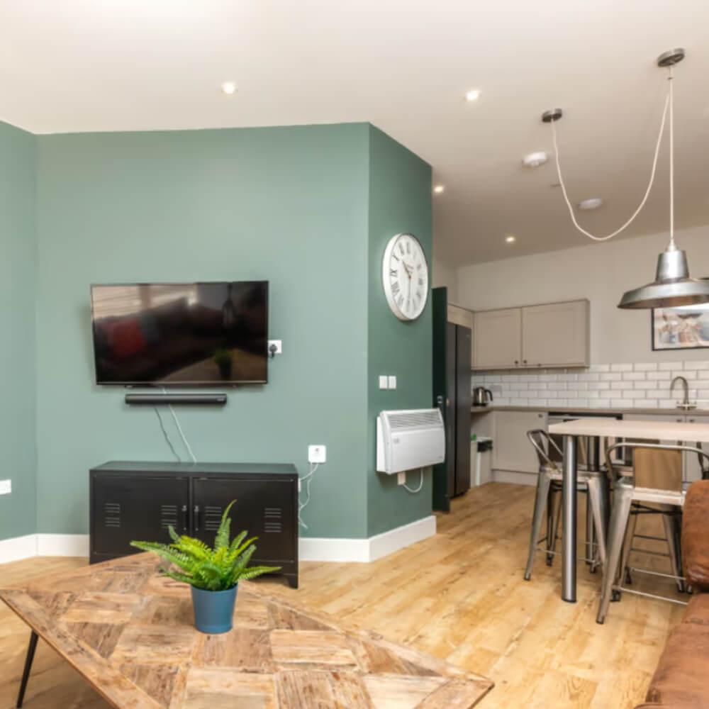 Photo of a studio apartment with muted-green walls and wooden flooring. There is a large clock on the wall with an electric heater beneath it.